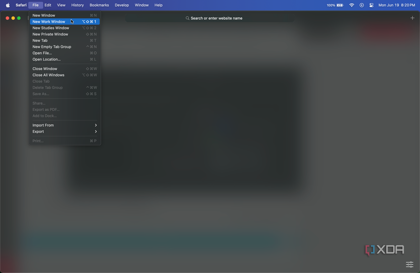 New work window button in menubar