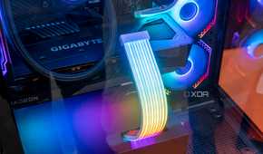 Close-up view of the Xigmatek Endorphin 9 showing RGB cables