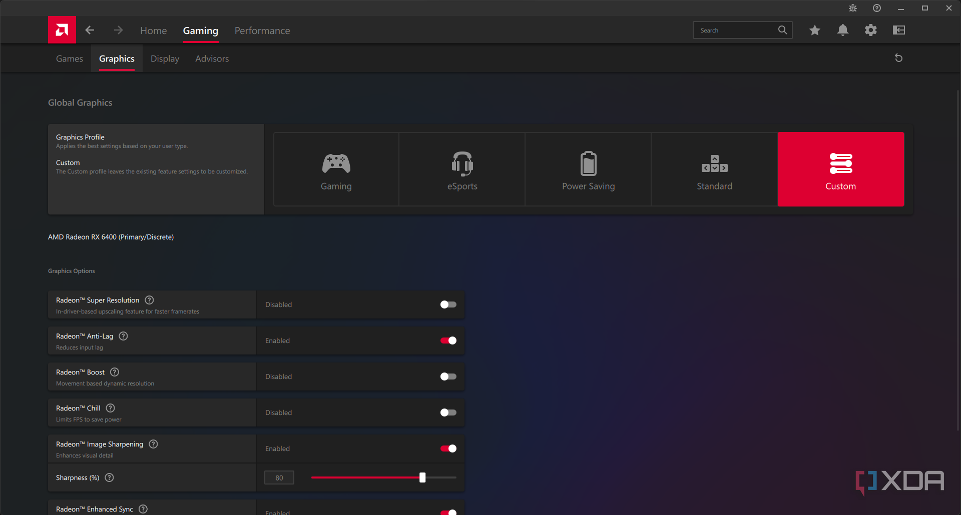 The graphics tab in AMD Radeon Adrenaline Software.