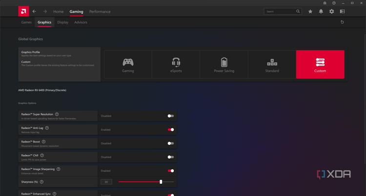 The graphics tab in AMD Radeon Adrenaline Software.