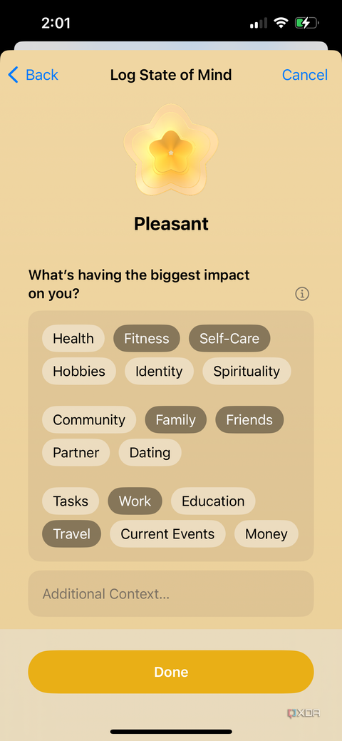 Apple Health app on iPhone with word bubbles describing what's having the biggest impact on you.