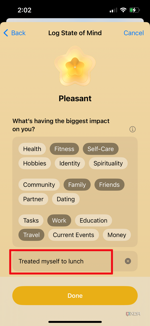 Apple Health app on iPhone showing a description of impact saying "treated myself to lunch."