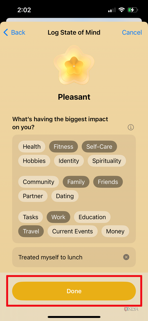 Apple Health app on iPhone showing what's having the biggest impact on you with word bubbles selected and Done highlighted.