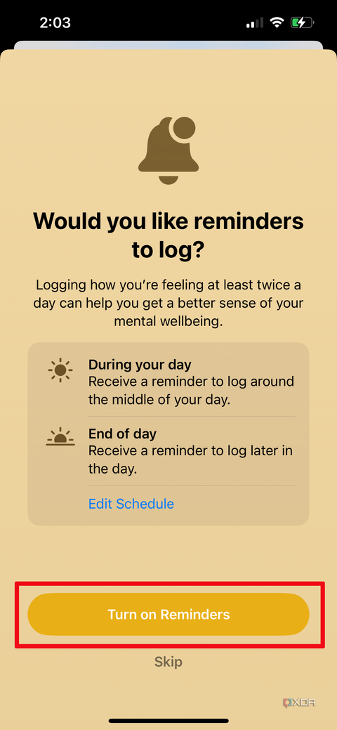 Apple Health app on iPhone asking if you want to log reminders to enter your mood.