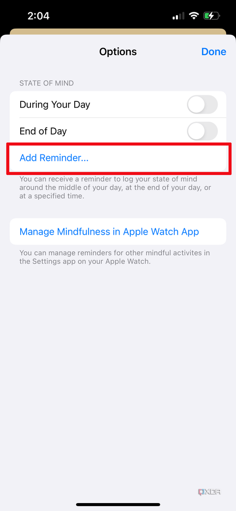 Apple Health app on iPhone with the option to set a reminder.