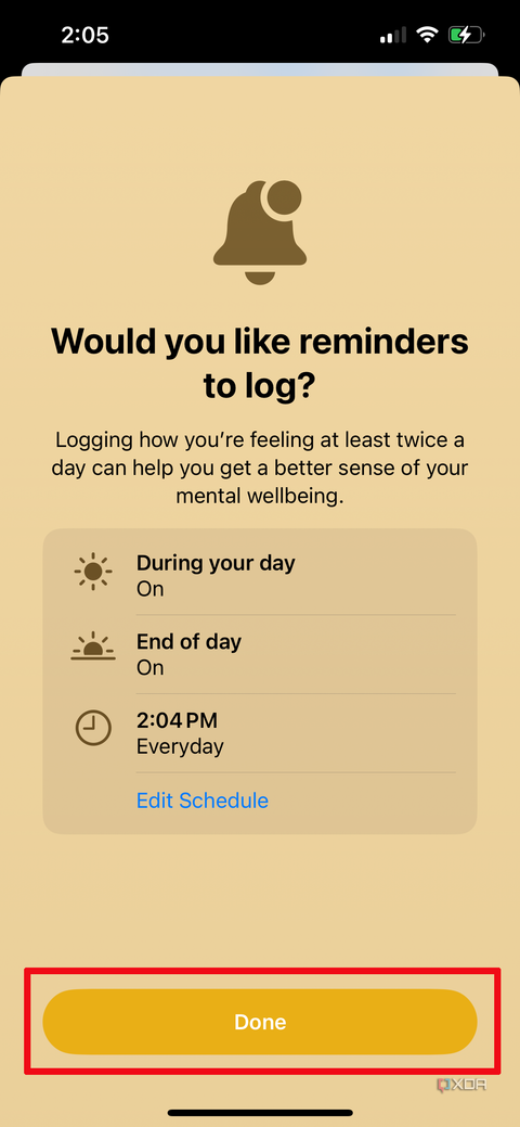 Apple Health app on iPhone with the date and time for reminders set and Done selected