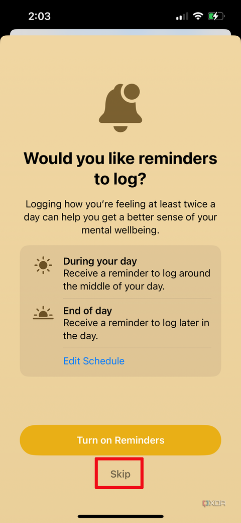 Apple Health app on iPhone with the option to Skip setting a reminder.
