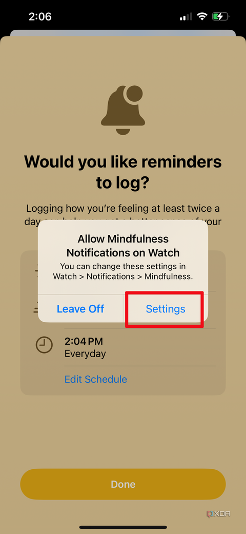 Apple Health app on iPhone asking if you want to enter Settings to allow mindfulness notifications on the Apple Watch.