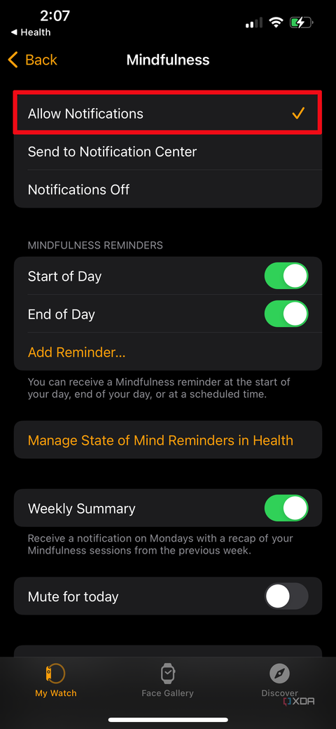 Apple Watch app on iPhone with the settings for Mindfulness to allow notifications highlighted.
