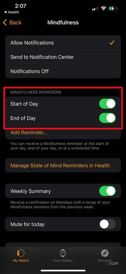 Apple Watch app with time settings for Mindfulness logging reminders.