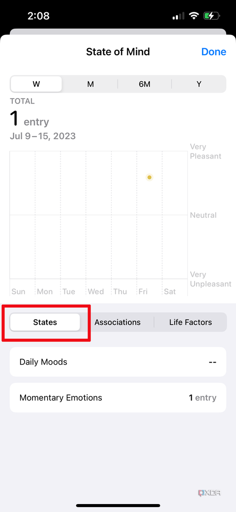 Apple Health app on iPhone with a chart showing state of mind logs