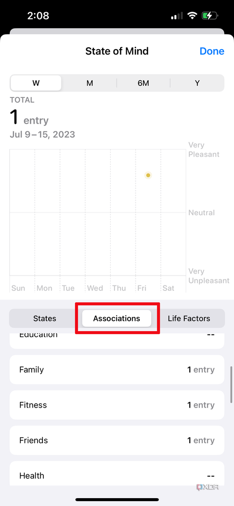 Apple Health app on iPhone with a chart showing associations for moods