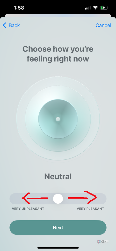 Apple Health app on iPhone with slider to choose how you feel, showing Neutral