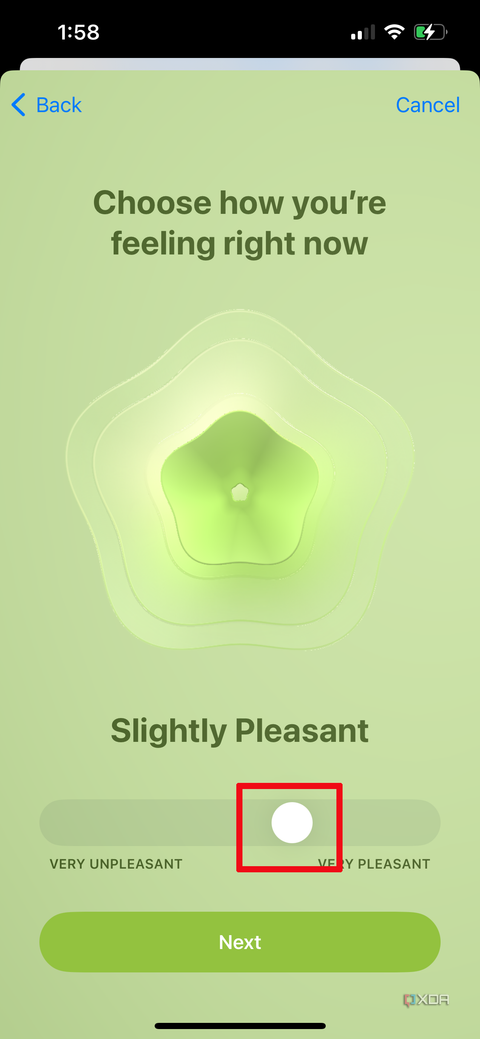 Apple Health app on iPhone showing mood as Slightly Pleasant.