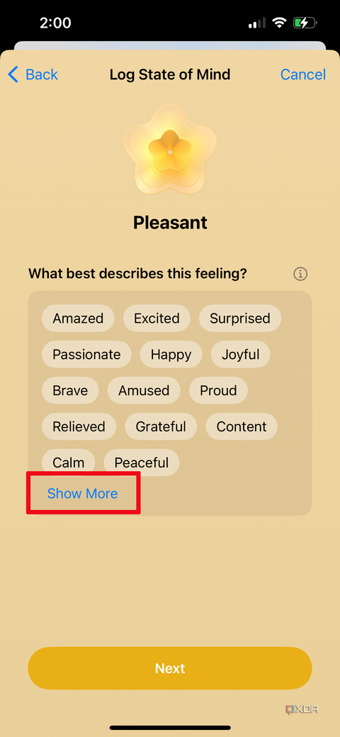 Apple Health app on iPhone asking you to describe your feeling with word bubbles.
