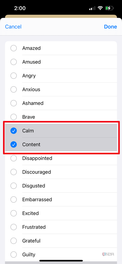 Apple Health app on iPhone with a list of feelings, Calm and Content selected.