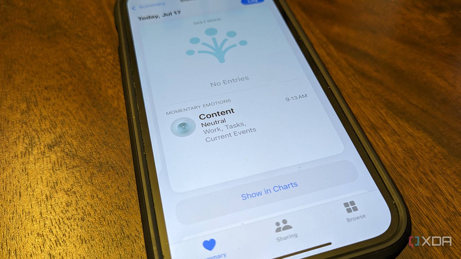 An iPhone on a table showing mood logging in the Apple Health app