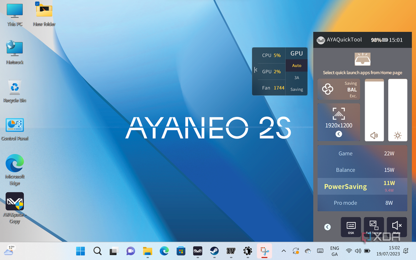Aya Space on the Ayaneo 2S, showing the overlay that can be used to adjust TDP and screen resolution
