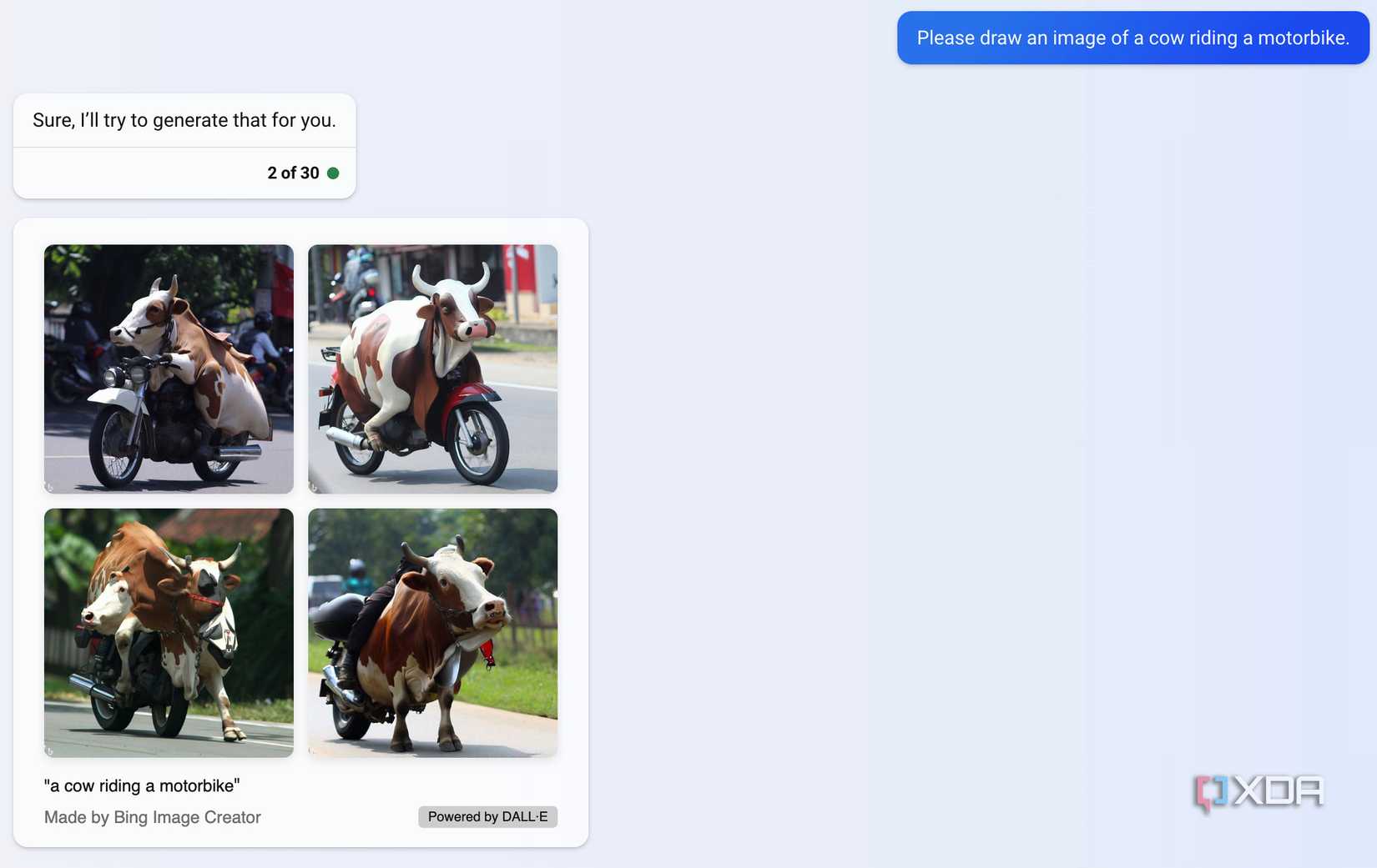 Asking Bing to "please draw an image of a cow riding a motorbike" and receiving four images of that in return.