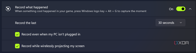 Screenshot of settings related to automatic recordings in the Windows 11 Settings app