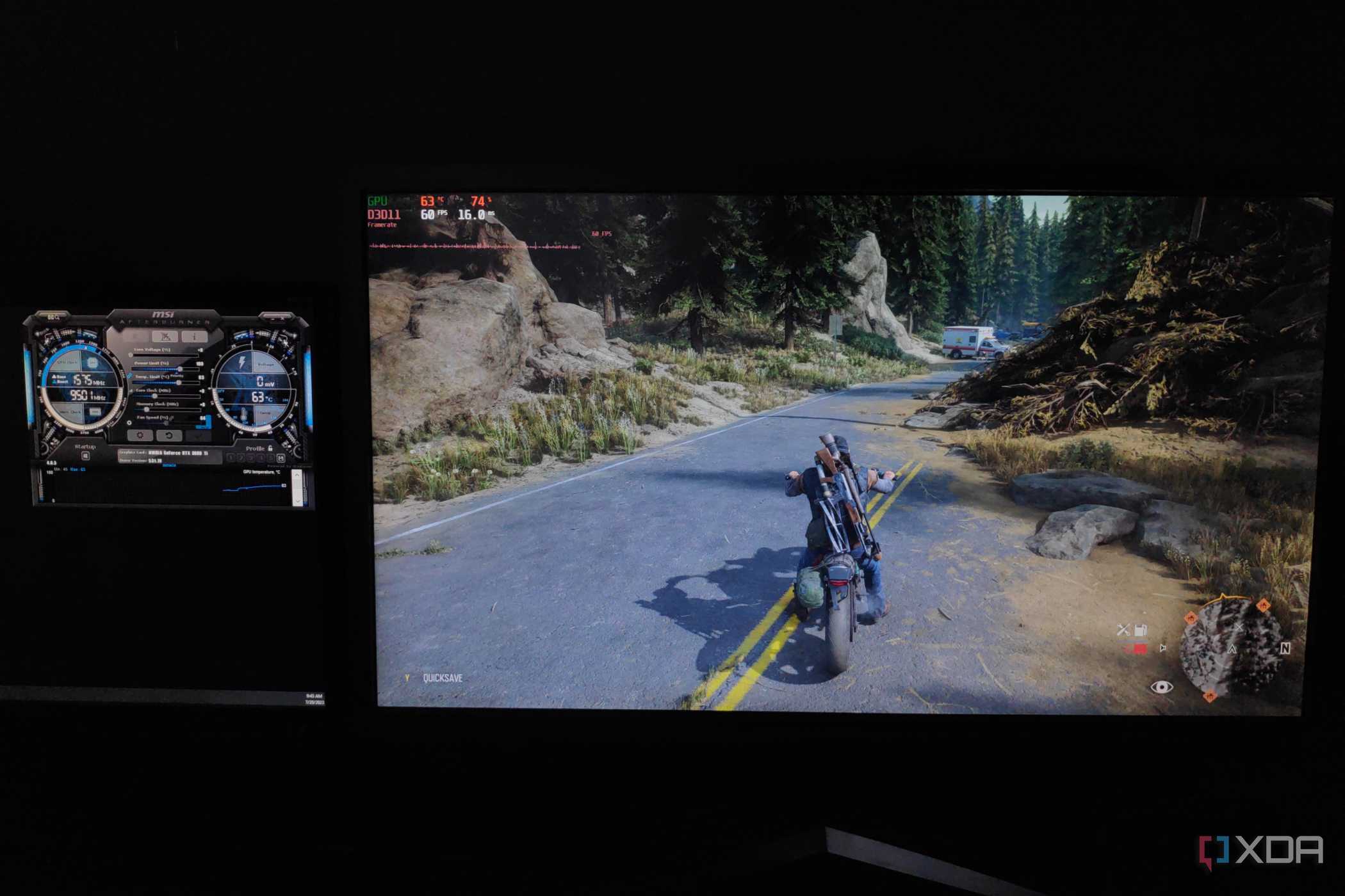 A monitor showing the FPS in Days Gone and another monitor with MSI Afterburner open