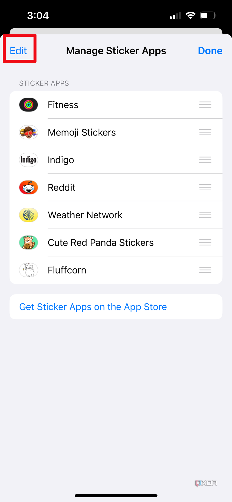 manage sticker apps open on iPhone with edit selected