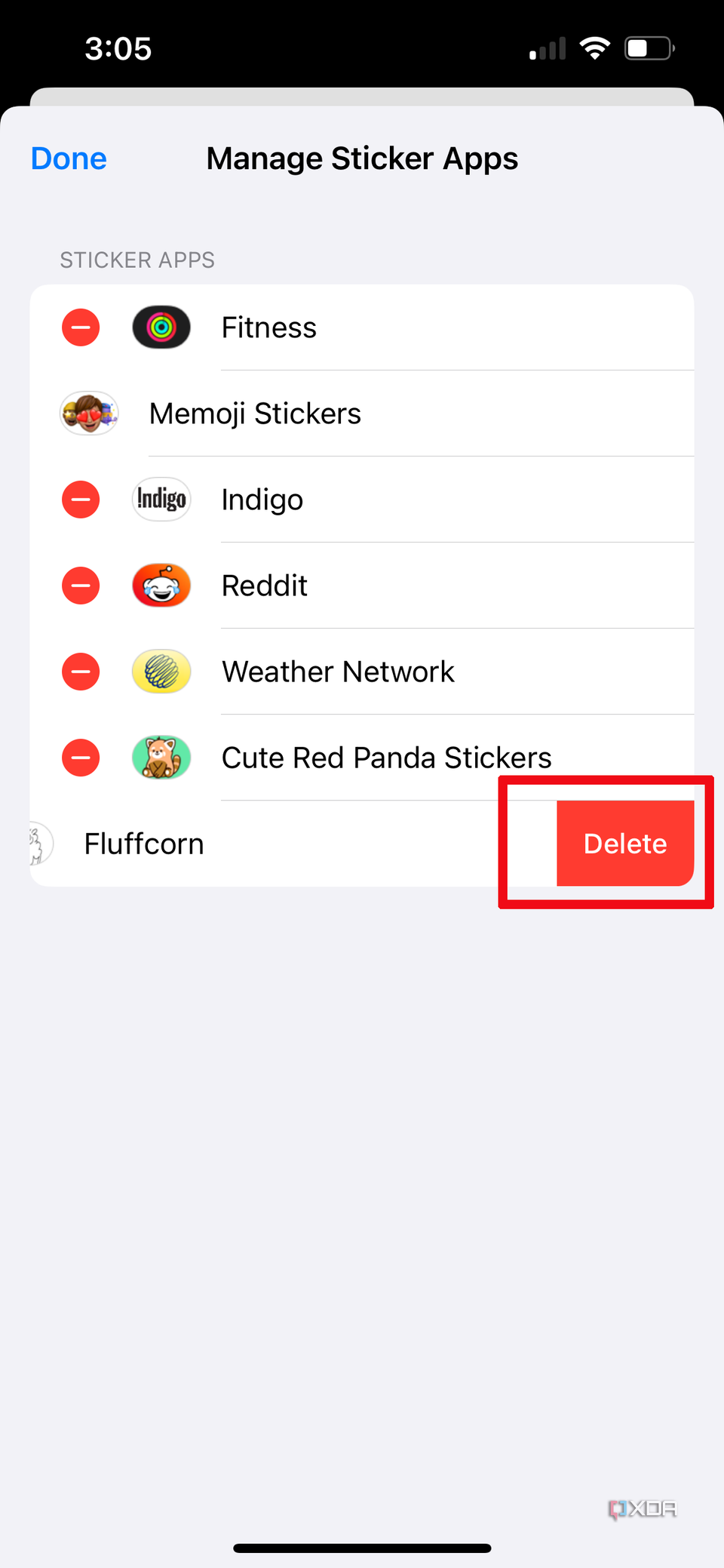 the delete button highlighted next to a sticker pack in the manage sticker apps menu on iPhone