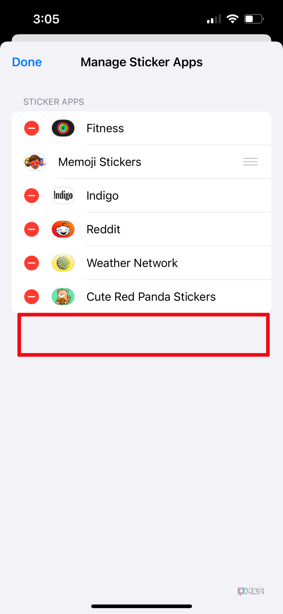 The Manage Sticker app page on iPhone showing an empty spot where an app used to be