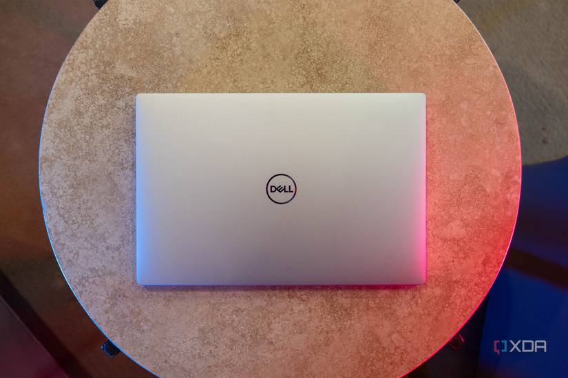 Top down view of metal Dell laptop