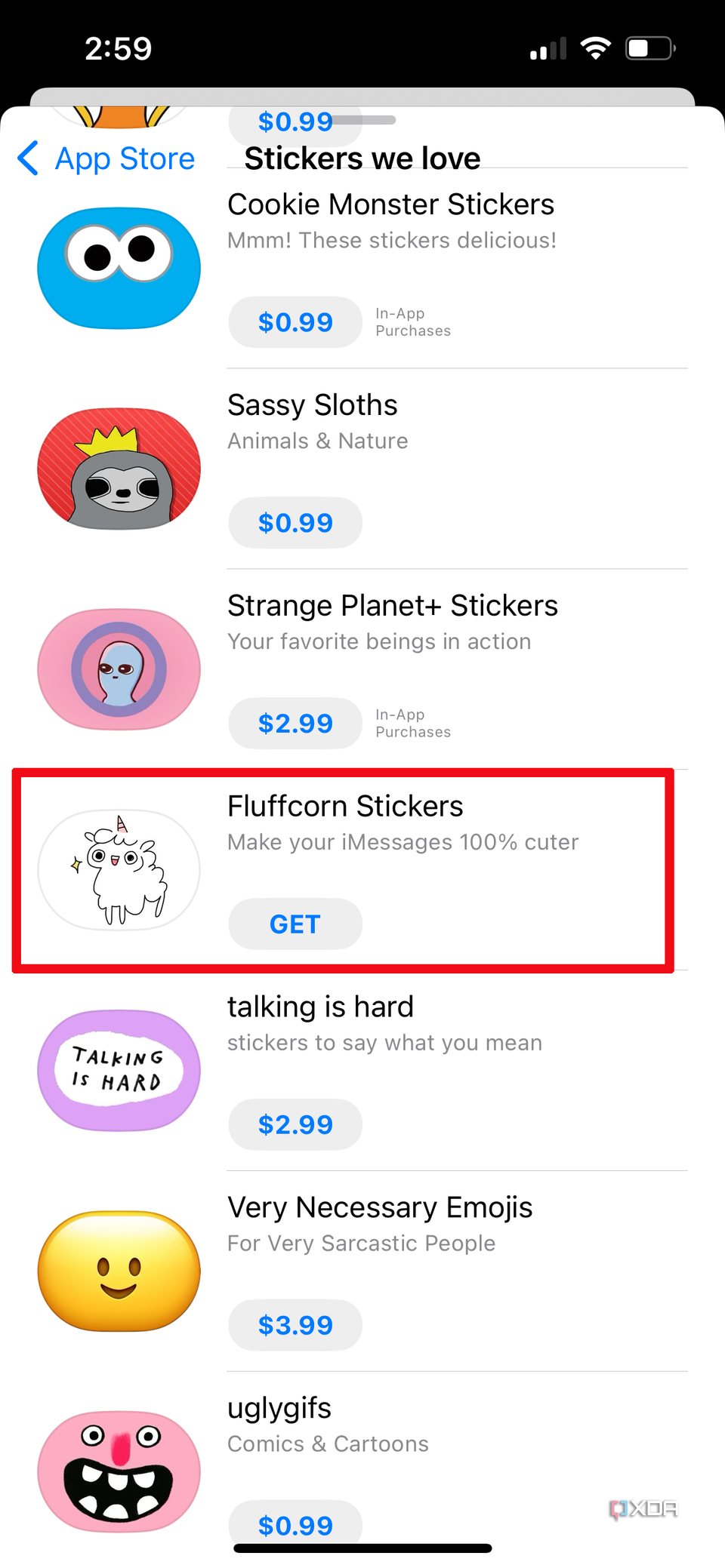 A list of Sticker packs in the Apple App Store on an iPhone screen.