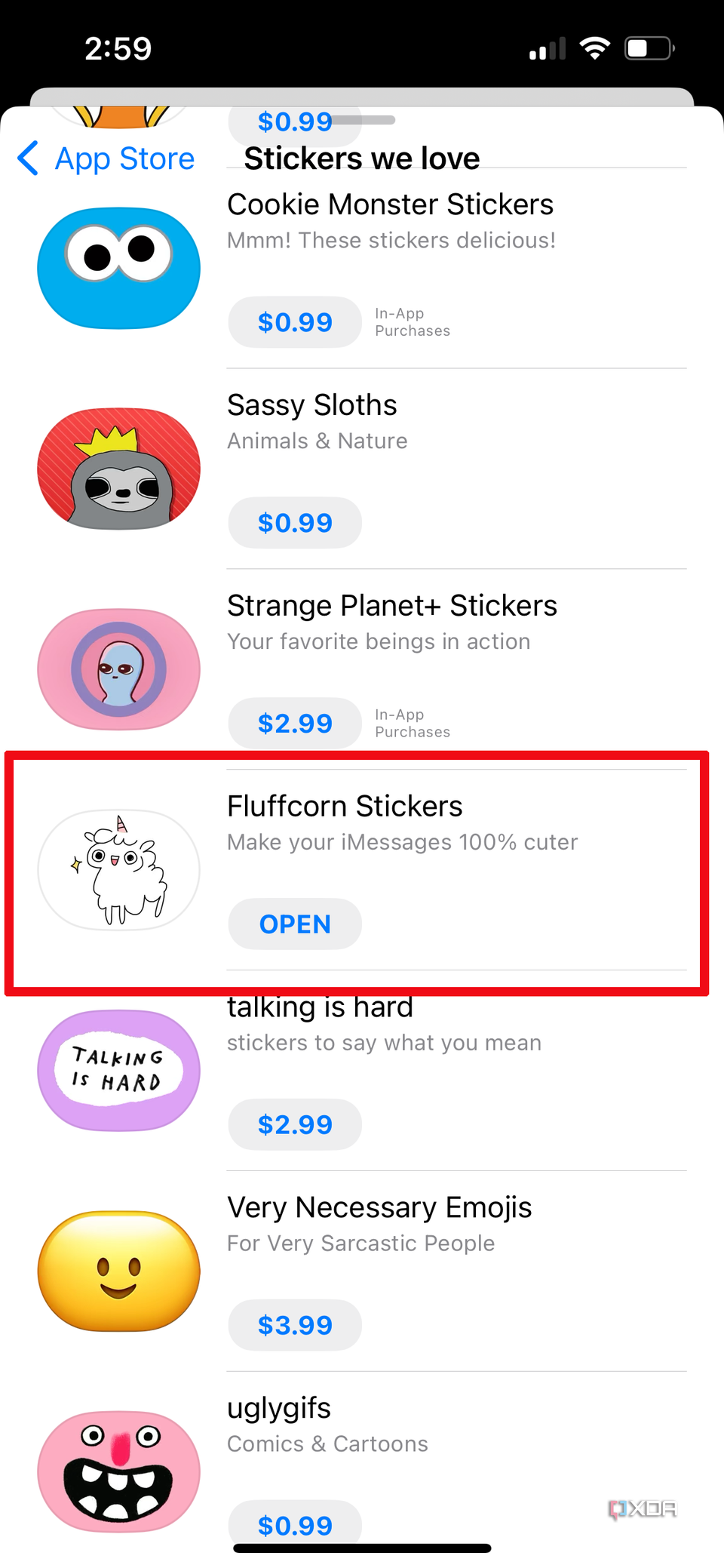 A list of apps on the Apple App Store with one called Fluffcorn Stickers highlighted.