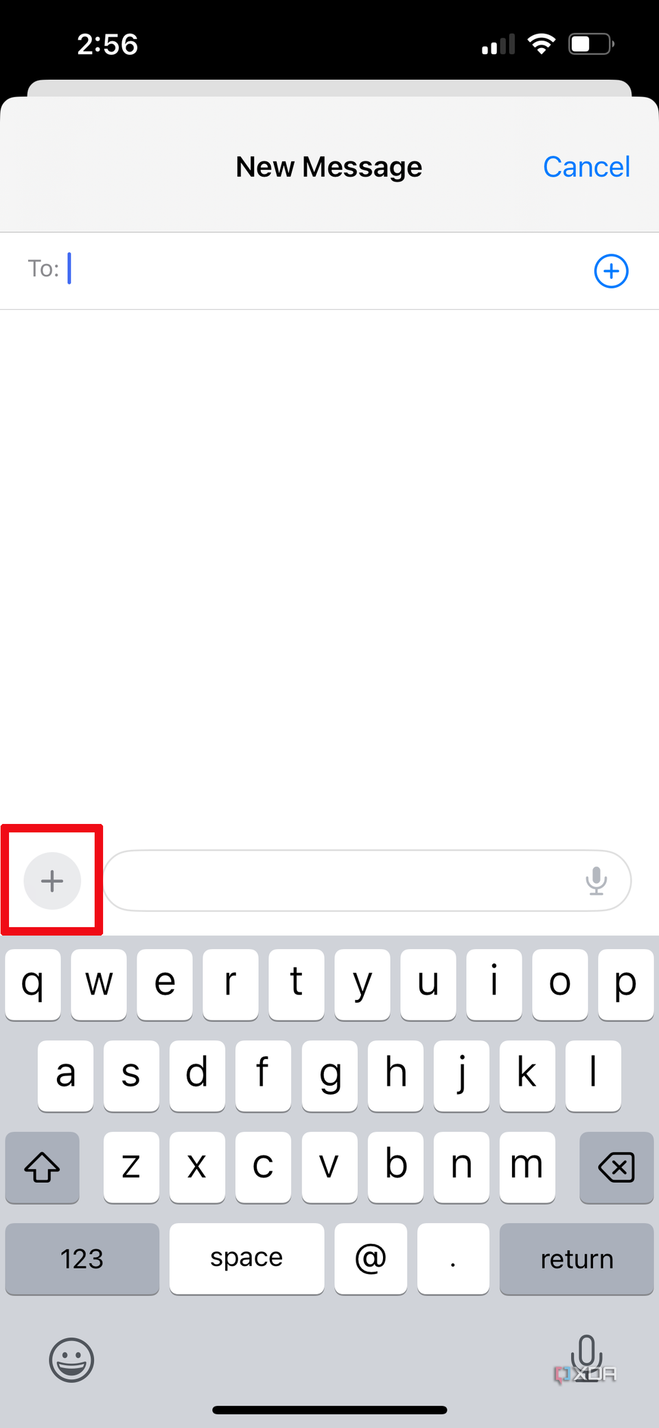 A blank message window on iPhone showing the + sign selected.