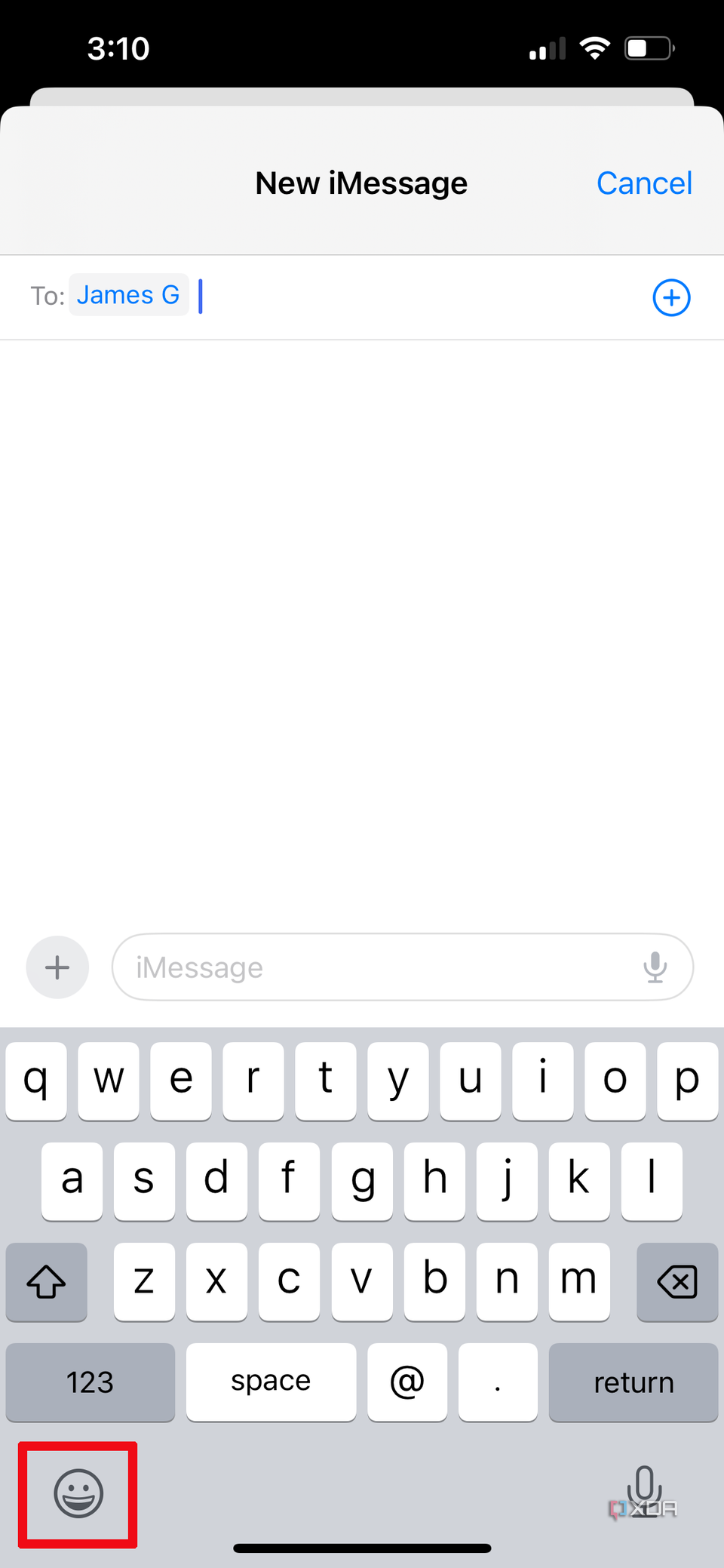 an open message window on iPhone with the recipient a James G