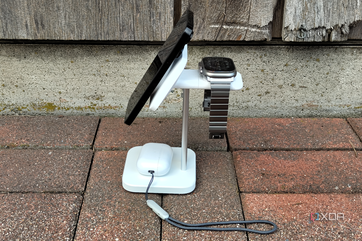The ESR stand with an iPhone, Apple Watch, and AirPods on it.