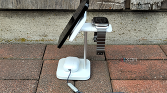 The ESR stand with an iPhone, Apple Watch, and AirPods on it.