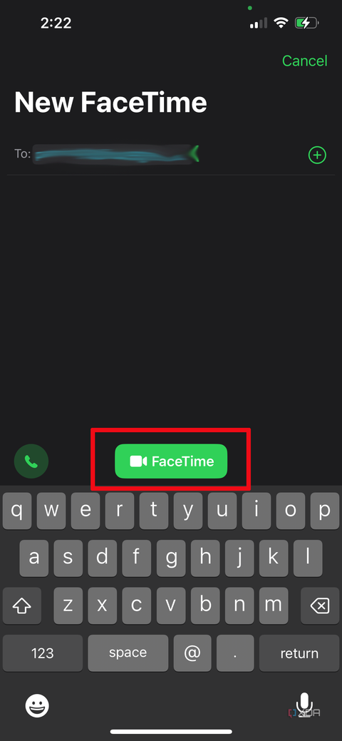 An iPhone with the FaceTime window opened, FaceTime call button highlighted.