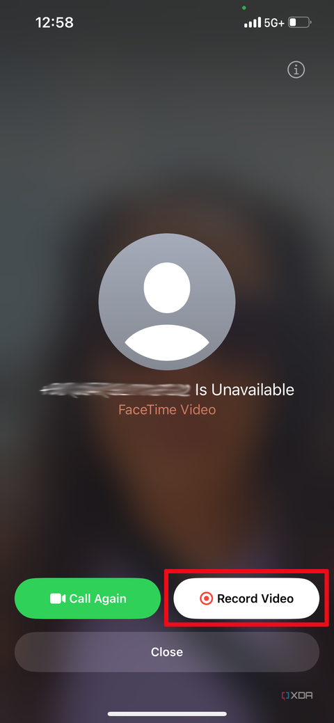 iPhone screen showing a blurred out recipient is unavailable and a Record Video button highlighted.
