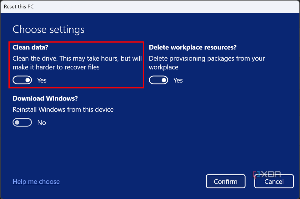 Screenshot of the reset settings with the Clean data option enabled and highlighted