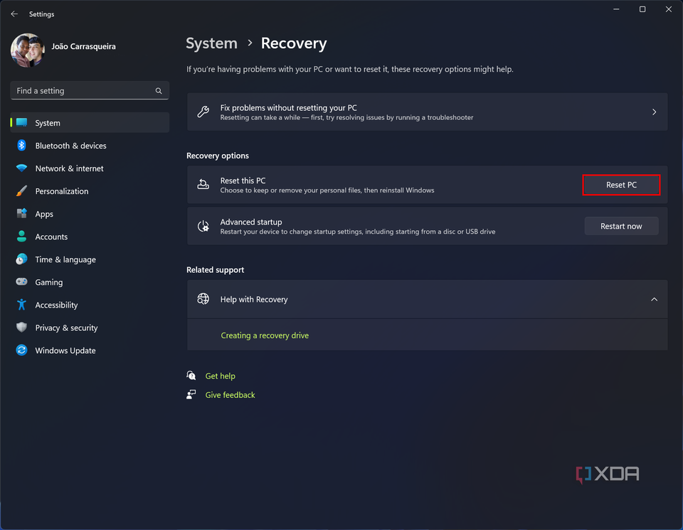 Screenshot of the Recovery page in Windows 11 Settings with the Reset PC button highlighted
