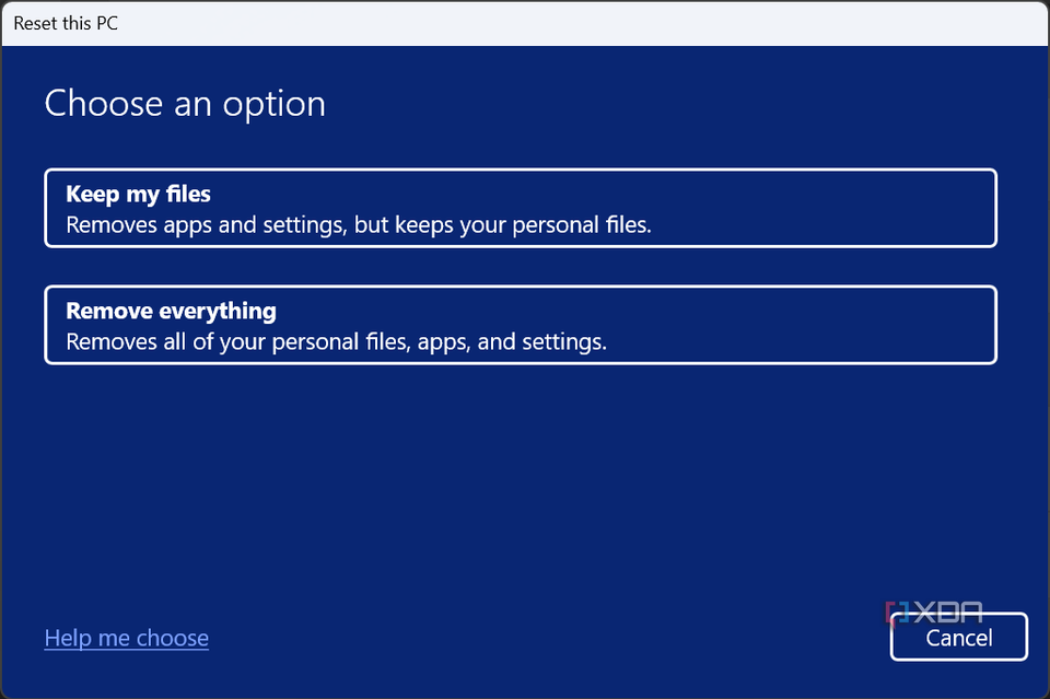 Screenshot of the reset dialog asking the user if they want to keep their personal files or remove everything
