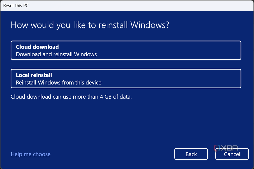Screenshot of the reset dialog in WIndows 11 asking the user whether they want to redownload Windows or perform a local reinstall