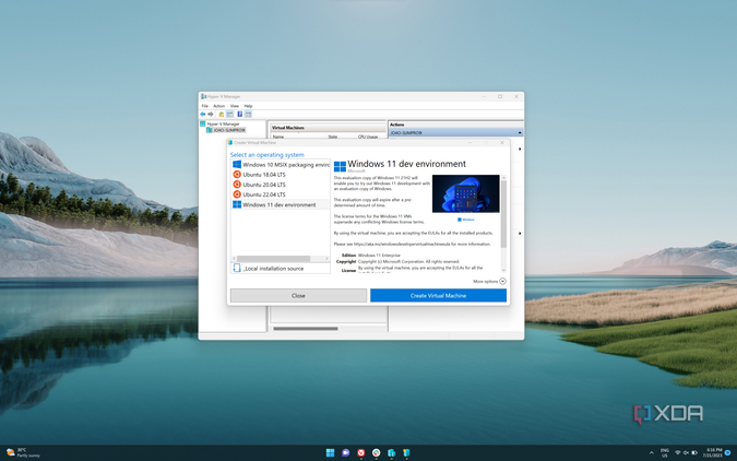 Screenshot of Hyper-V Manager and quick create wizard open over a Windows 11 desktop background
