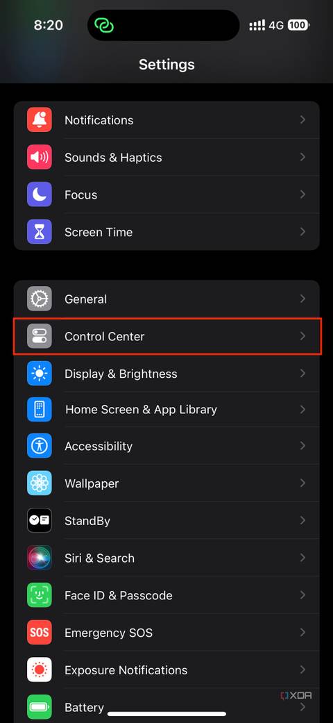 Control Center settings on iOS