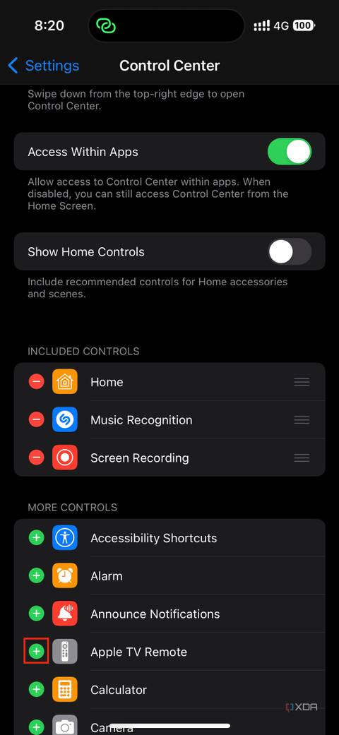 Adding Apple TV Remote toggle to Control Center in Settings app