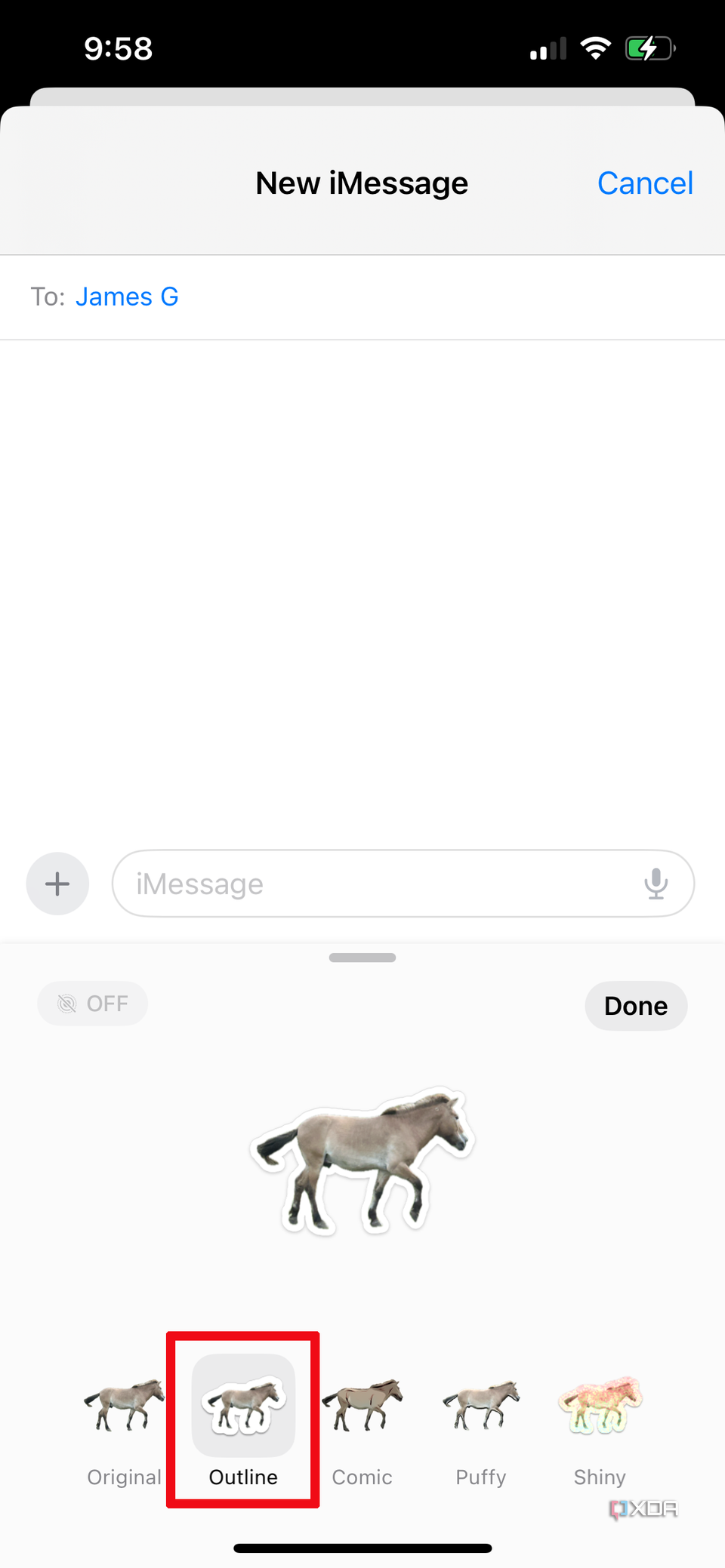 A message window open on iPhone, a horse sticker selected with the Outline effect highlighted.