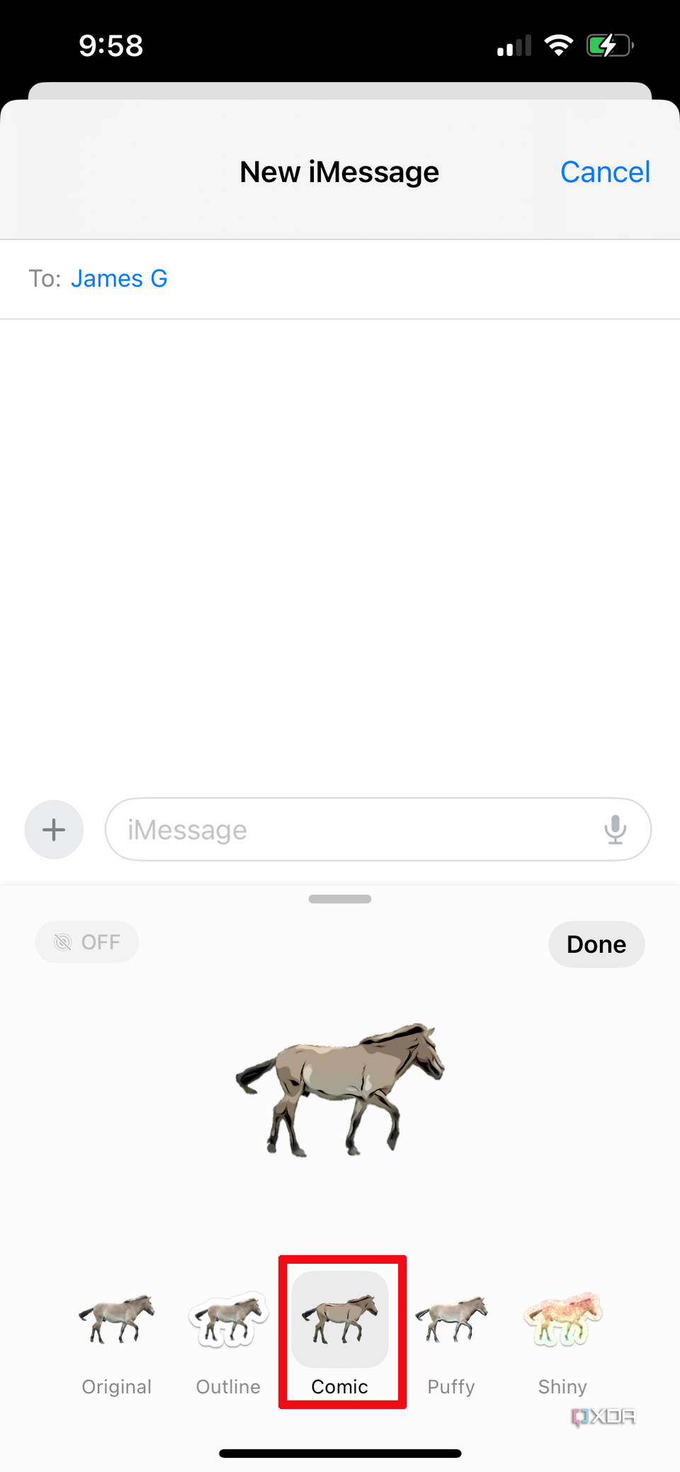 a message window on iPhone with a horse sticker selected, the comic effect highlighted.