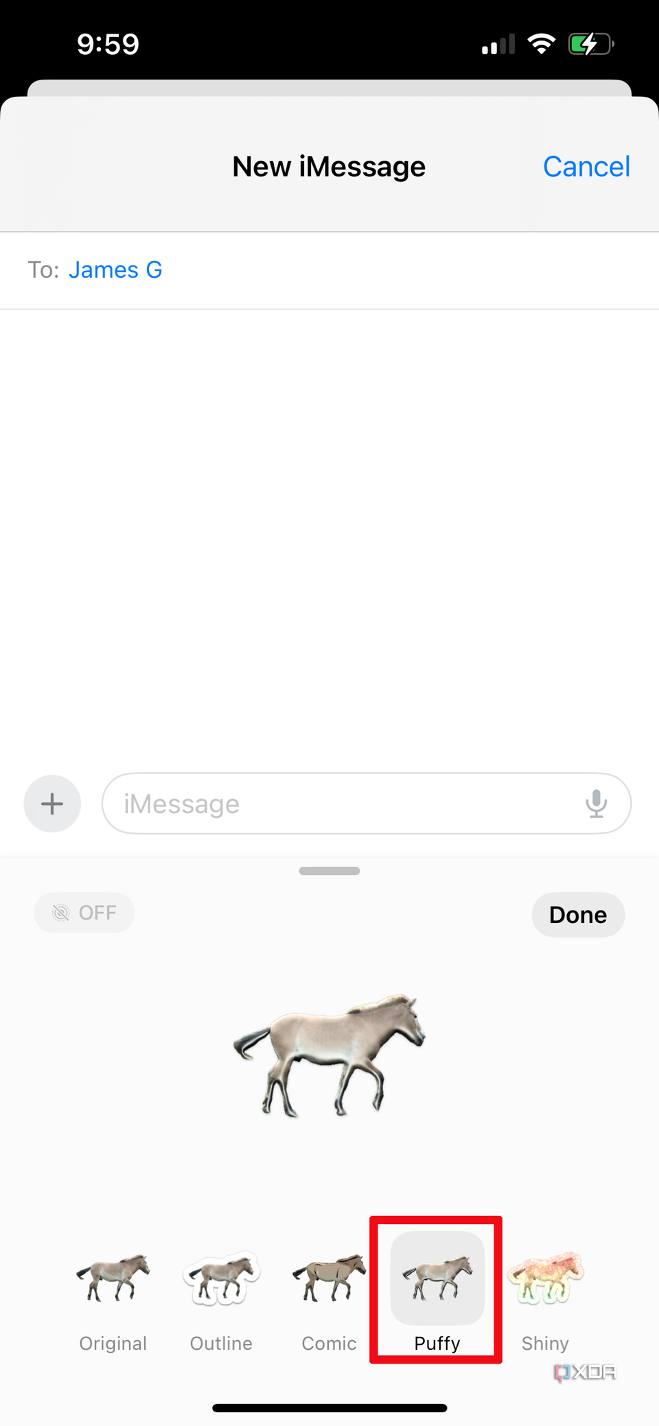 a message window on iPhone with a horse sticker selected and the puffy effect highlighted.