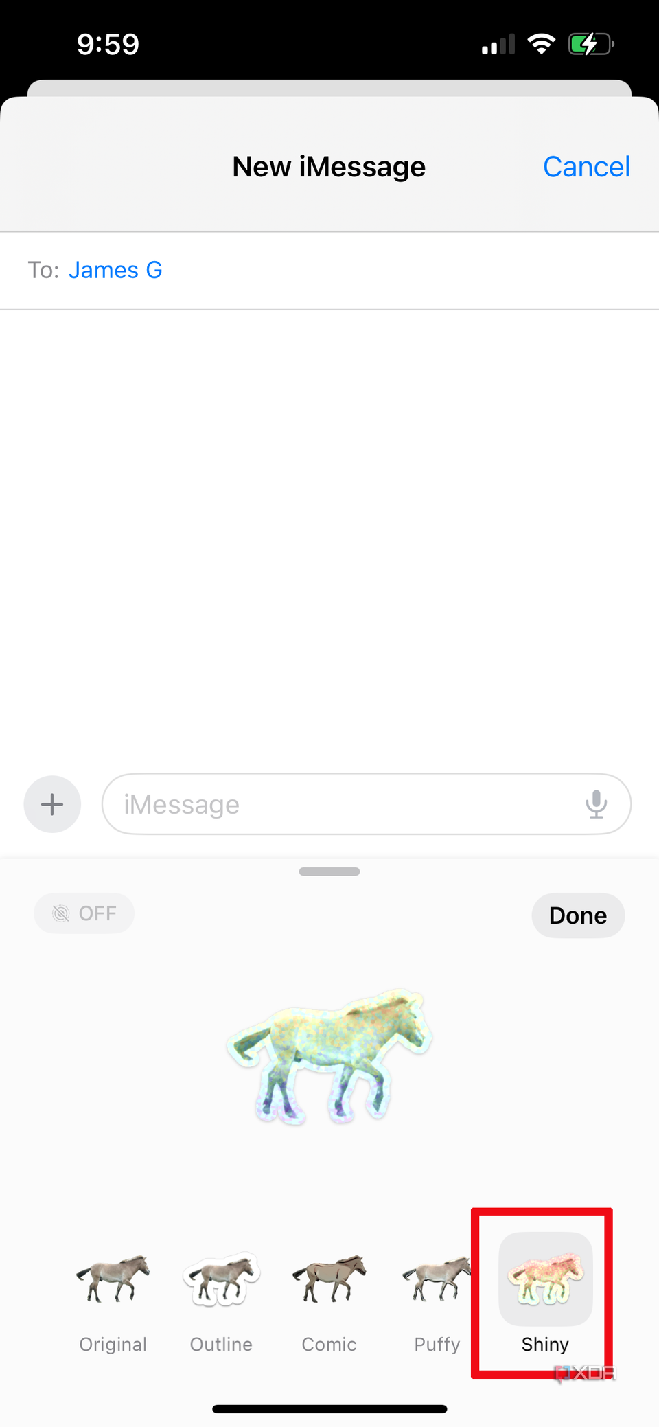 a message window on iPhone with a horse sticker selected, the Shiny effect highlighted.