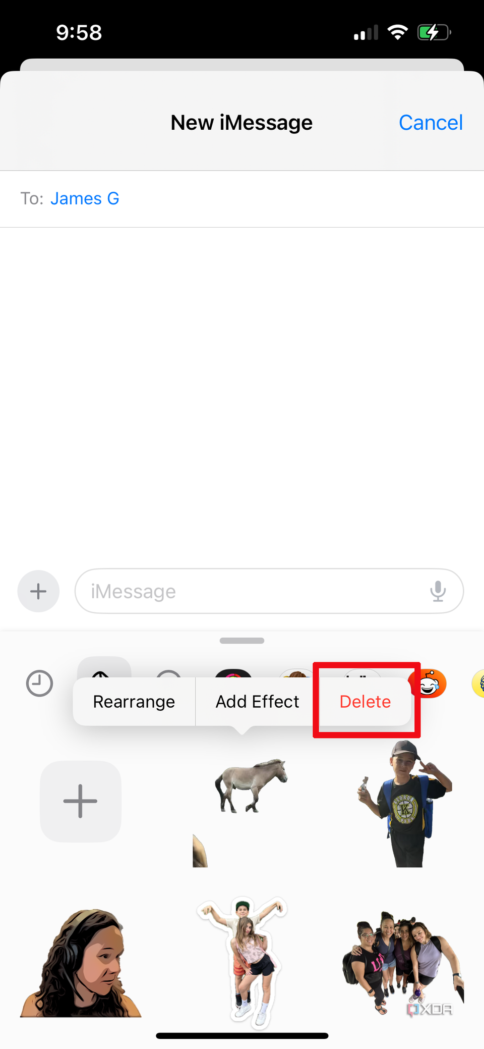 Message window on iPhone with the Sticker Drawer open and delete option selected.