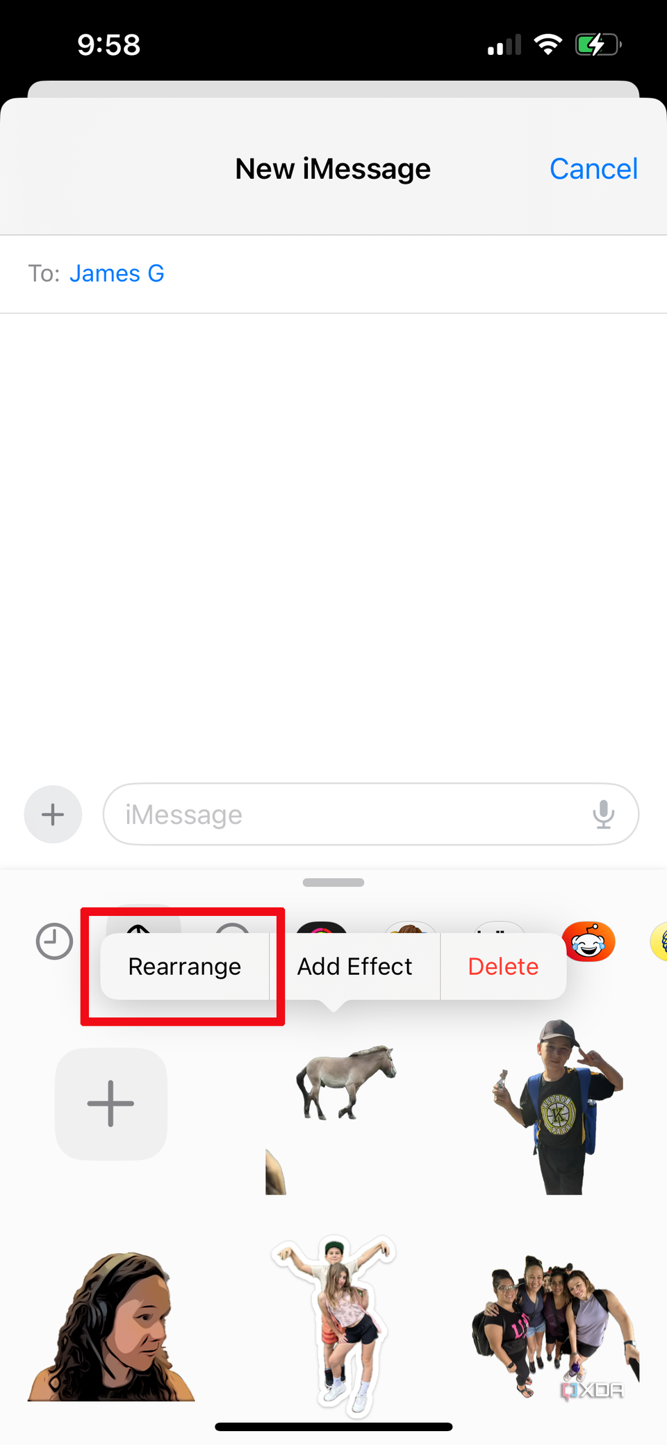 Message window open on iPhone with the sticker drawer open and rearrange option selected.